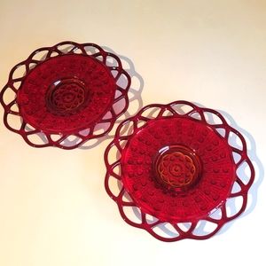 Set of 2 Ruby Red Lattice Lace Edge plates